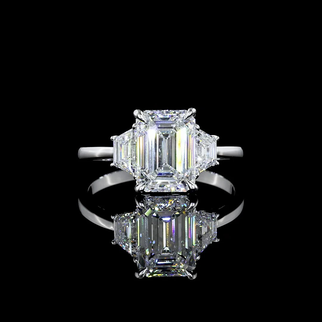 2.79 Cts 14k White Gold Emerald Shape 3 Stones Ring - Video