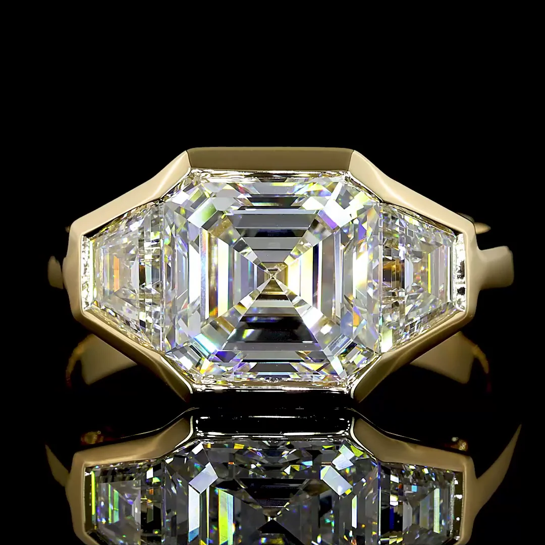 3.73 Cts 14k Yellow Gold Asscher Shape 3 Stones Ring - Image 3