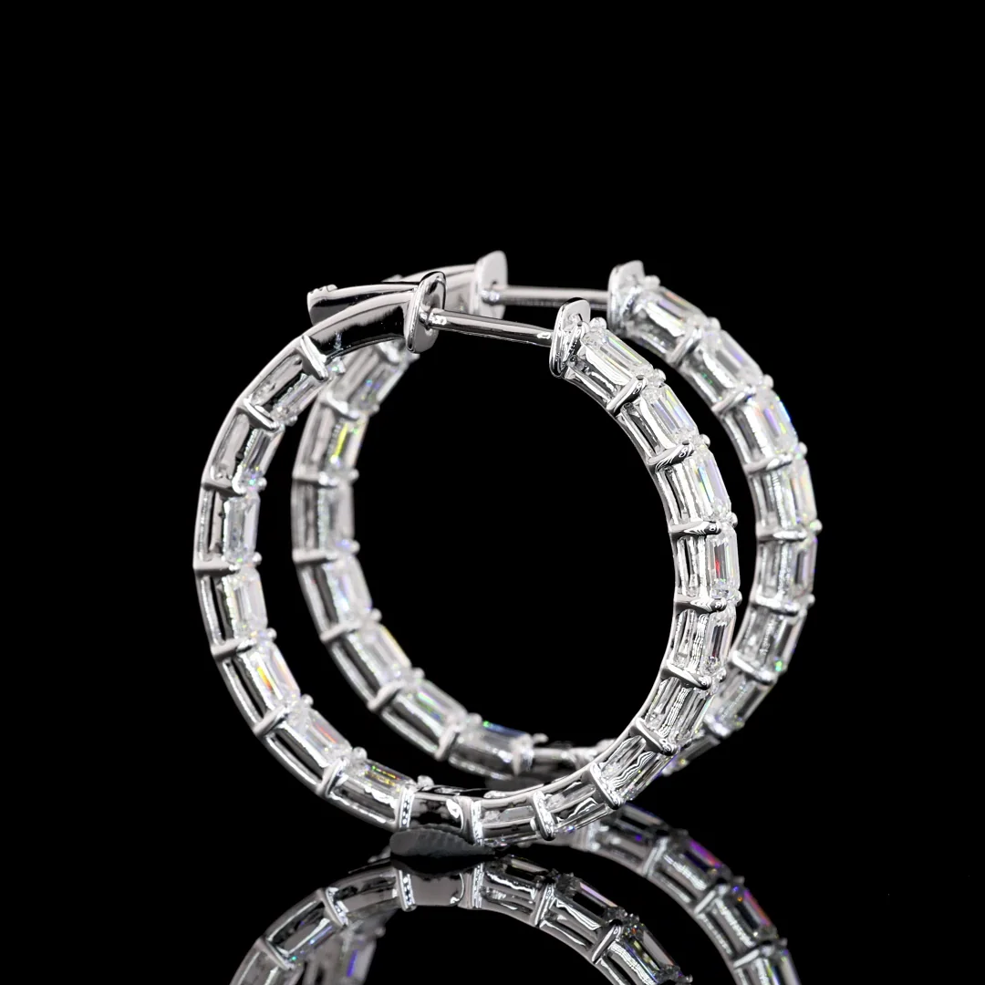 3.93 Cts 14k White Gold Emerald Shape Hoops Earring - Video