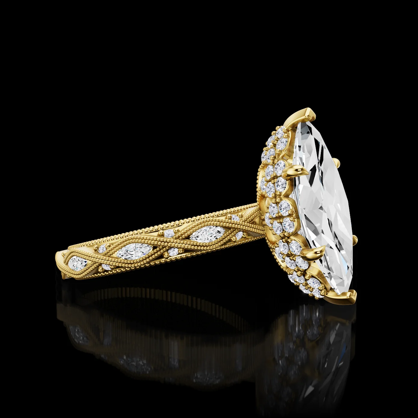 0.65 Cts 18k Yellow Gold Marquise Shape Hidden Halo Ring - Image 3