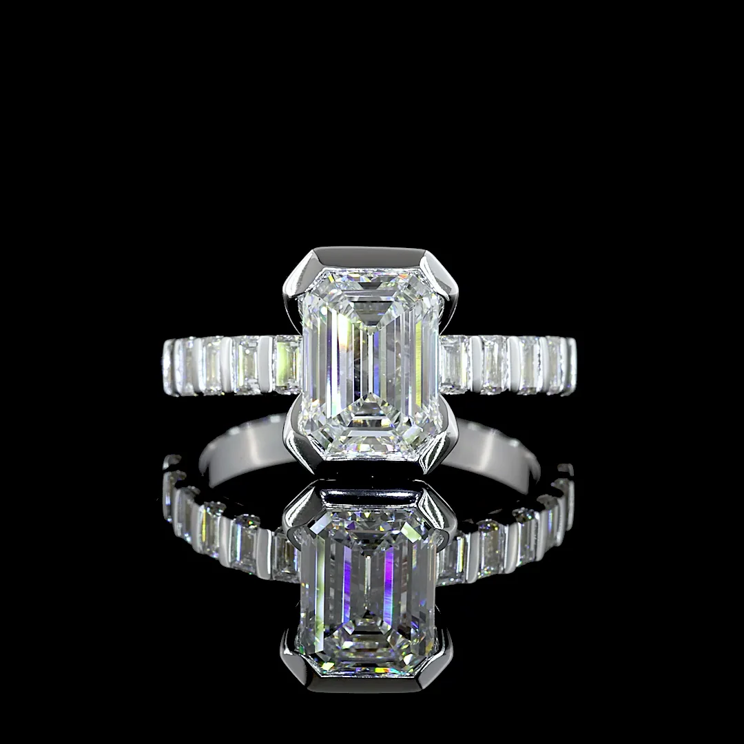2.83 Cts 14k White Gold Emerald Shape Hidden Halo Ring - Video
