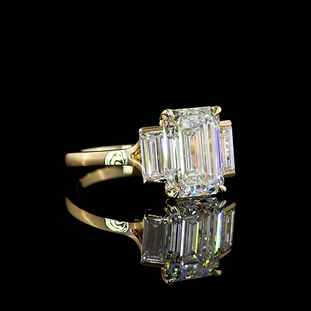 3.67 Cts 14k Yellow Gold Emerald Shape 3 Stones Ring - Video