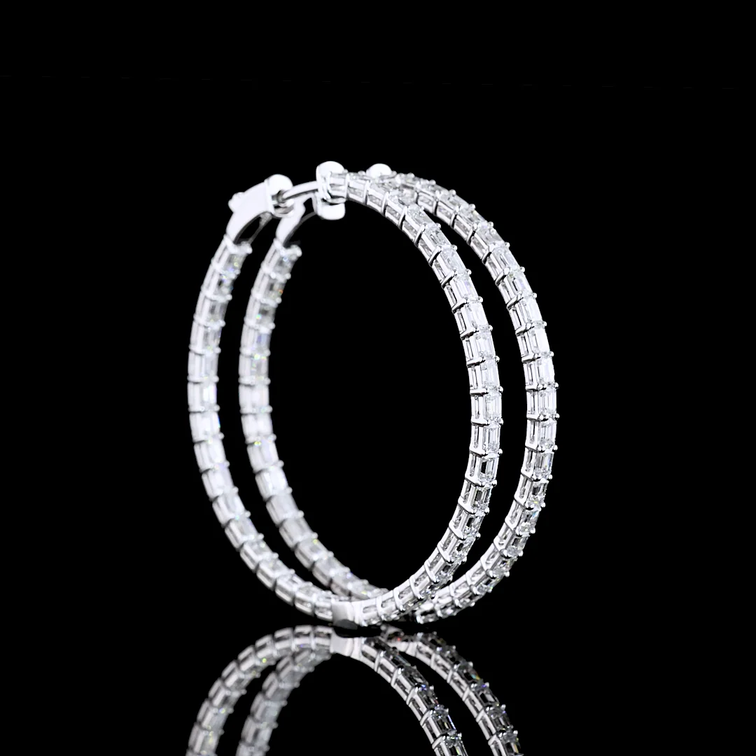 3.31 Cts 14k White Gold Emerald Shape Hoops Earring - Video