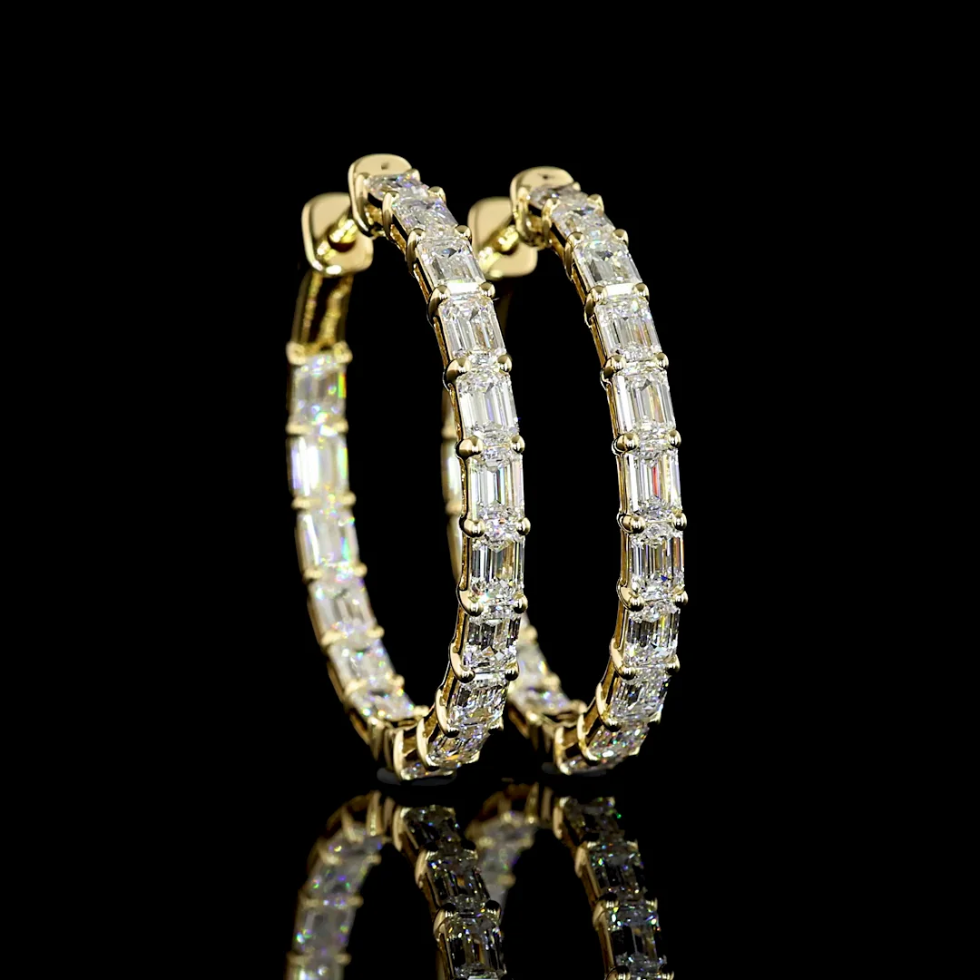 3.22 Cts 14k Yellow Gold Emerald Shape Hoops Earring - Video
