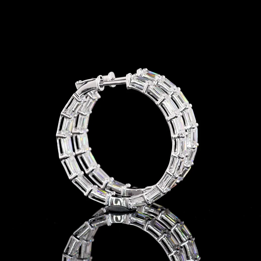 7.3 Cts 14k White Gold Emerald Shape Hoops Earring - Video