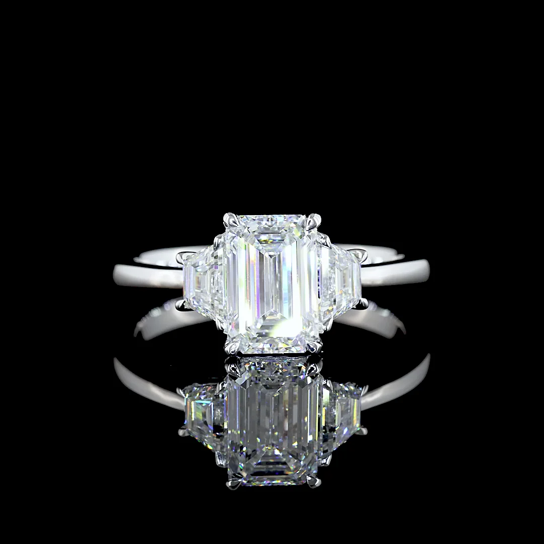 1.48 Cts 14k White Gold Emerald Shape 3 Stones Ring - Video