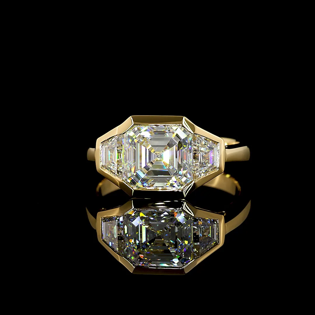 3.8 Cts 18k Yellow Gold Asscher Shape 3 Stones Ring