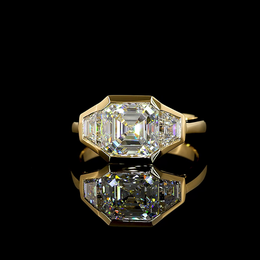 [RG18Y3AS350HB] 3.8 Cts 18k Yellow Gold Asscher Shape 3 Stones Ring