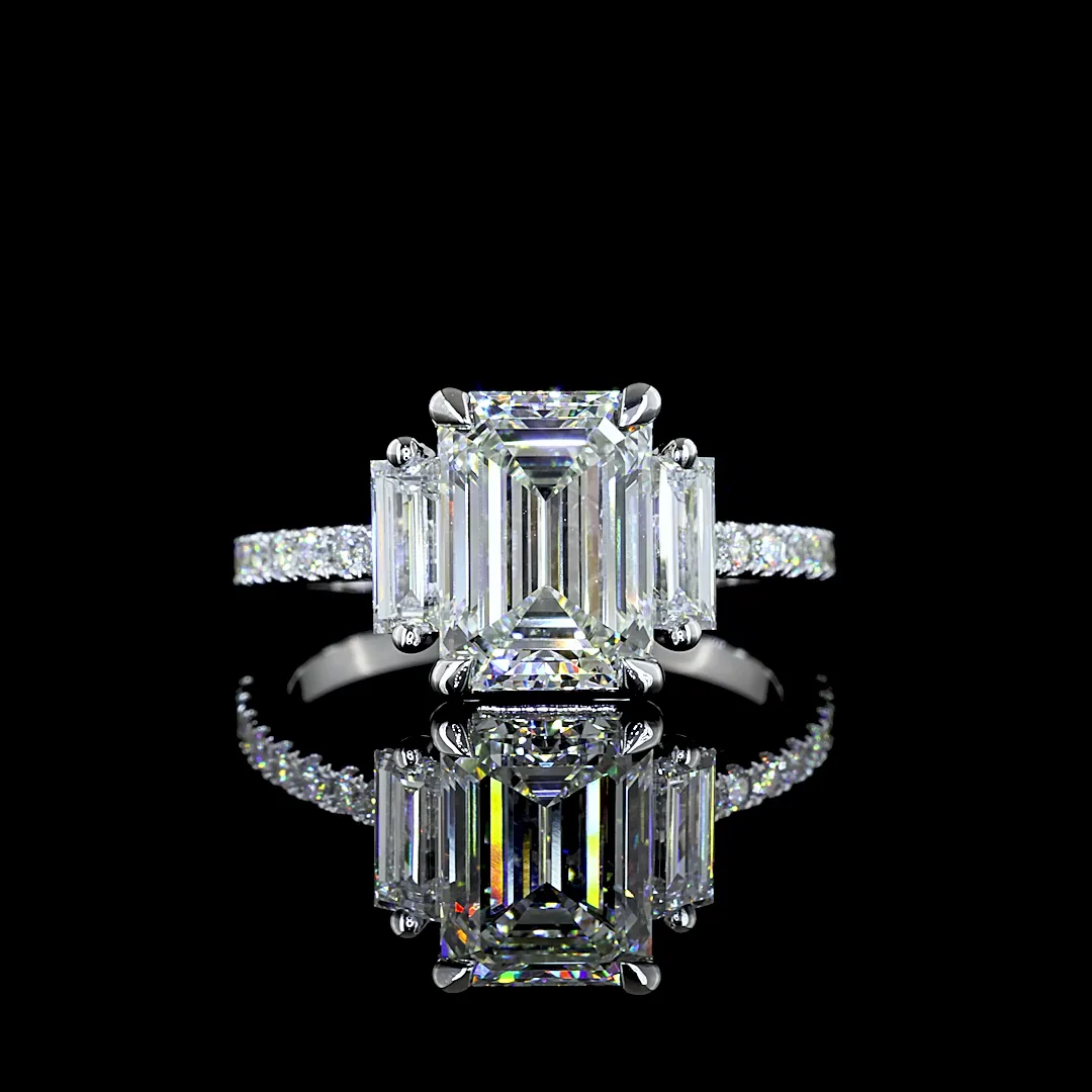 3.42 Cts 14k White Gold Emerald Shape 3stone Diamondshank Ring